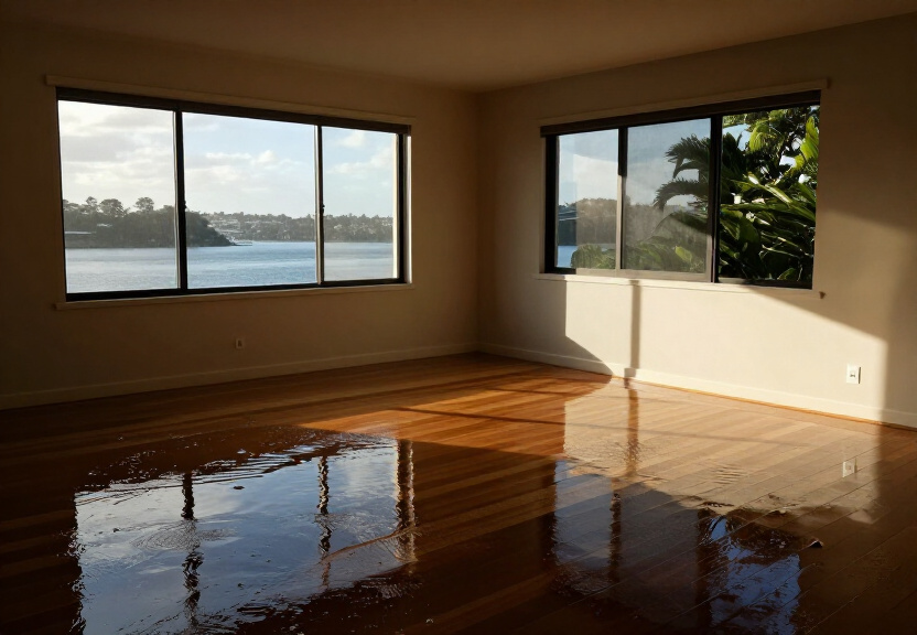 Flooded living room in Prestons before restoration